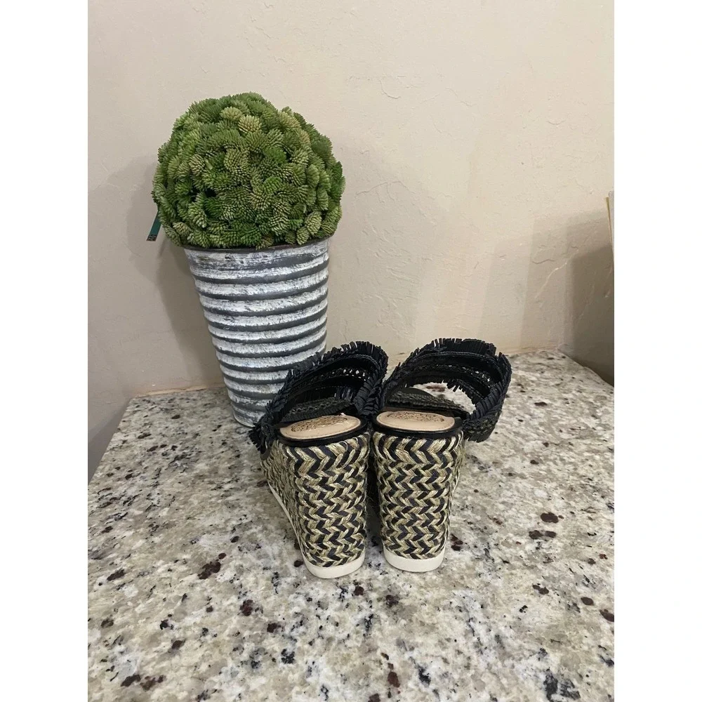 Vince Camuto Black Woven Wedge Sandals Tribal Fringe Studded Embellished Slip On